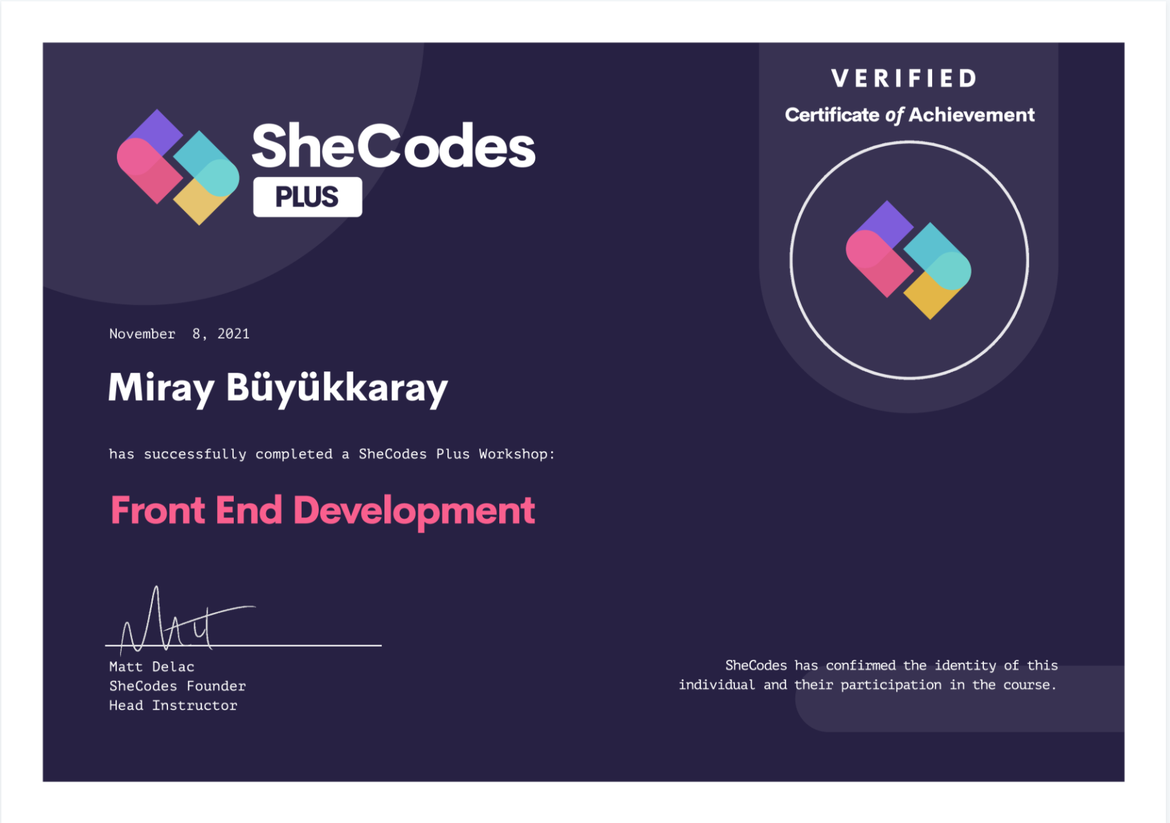 SheCodes Front End Development Certificate